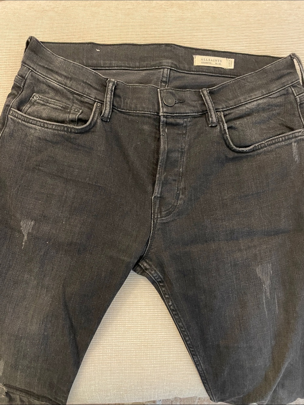 AllSaints Men's Black Skinny “Cigarette” Jeans with Subtle Fade - 32 waist